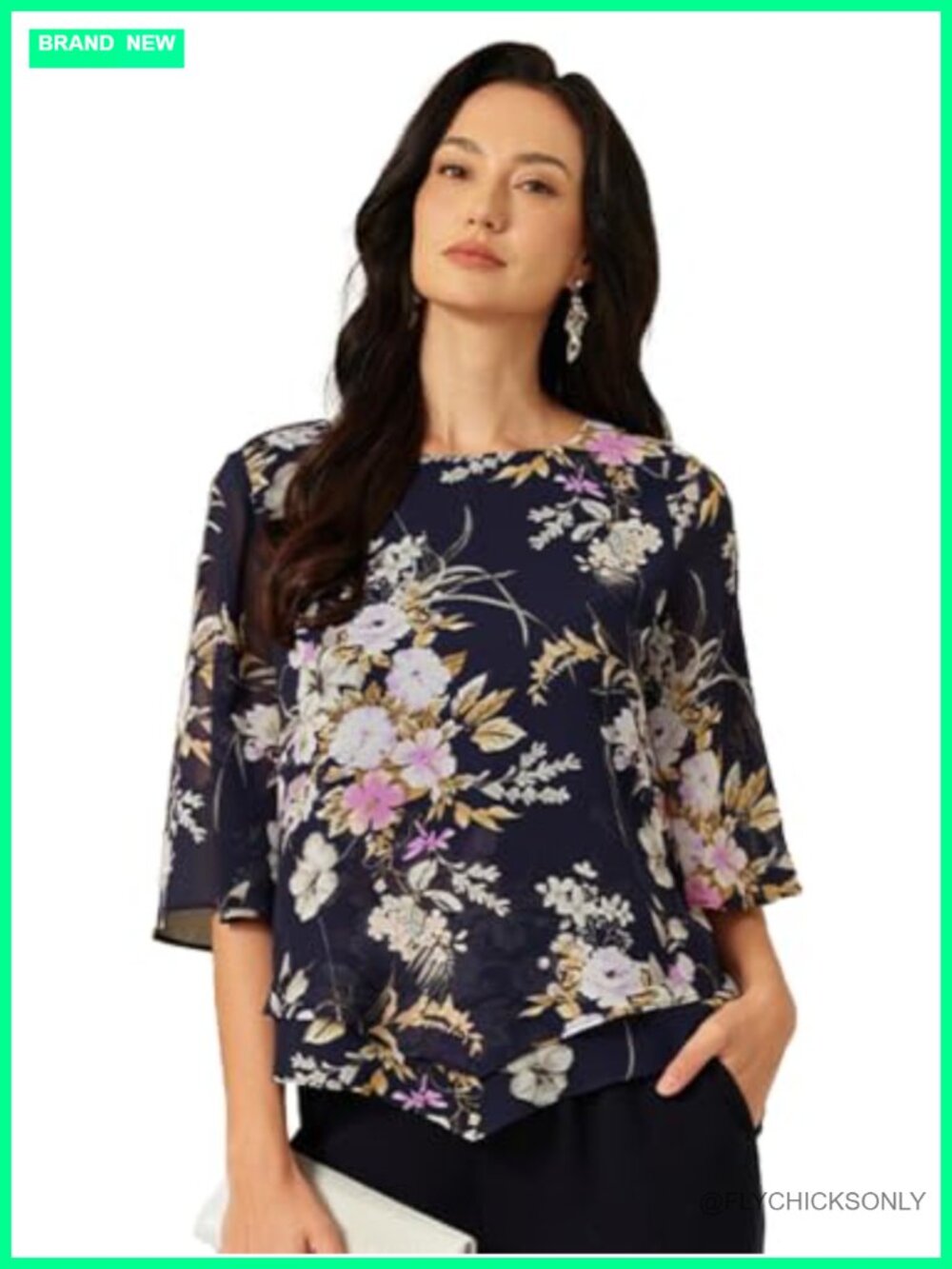 Women's Floral Chiffon Blouse Bell Sleeve Ruffle Hem Dressy Casual Top